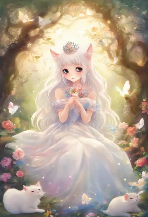 （A big snow white cat）,Go to sleep in the garden,A cute 4-year-old female child was sleeping on her body,Wear cute princess dresses,