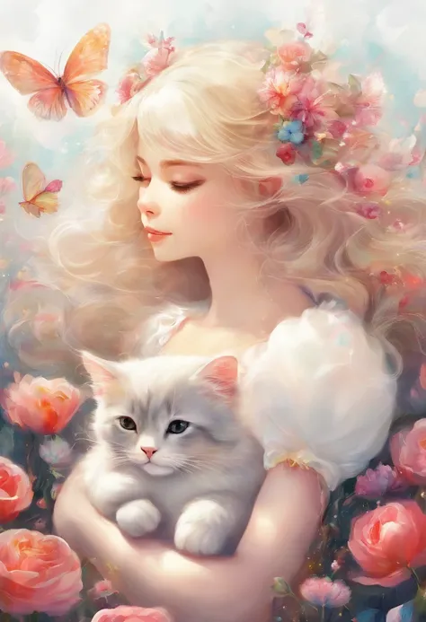 （A big snow white cat）,Go to sleep in the garden,A cute 4-year-old female child was sleeping on her body,Wear cute princess dresses,