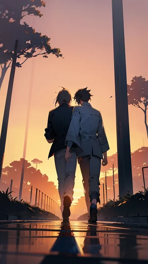 Create a pic of two male friends walking at sunset time, it should be covered with trees both the sides, the view should be from back side and it should be kind of peaceful place