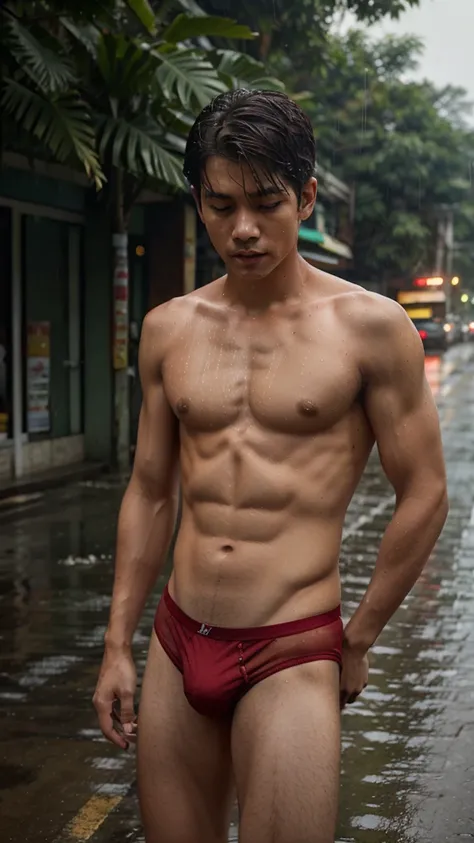 In the middle of the road in Thailand, during the rainy season, the rain falling is a man. Wears small red underwear like an underwear model. Do not wear shirts, lean body, age 17-18