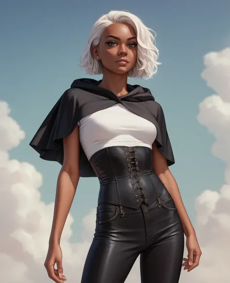 ((best quality)), ((masterpiece)), (detailed), 1girl, mixed race girl, African American + Caucasian girl with lighter skin, young woman, beautiful, skinny, white hair, modern western attire, dark cloak, wearing casual clothes underneath cloak, black pants,...