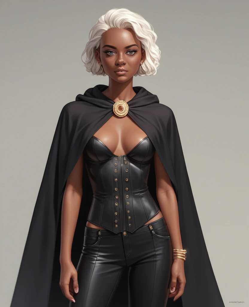 ((best quality)), ((masterpiece)), (detailed), 1girl, mixed race girl, African American + Caucasian girl with lighter skin, young woman, beautiful, skinny, white hair, modern western attire, dark cloak, wearing casual clothes underneath cloak, black pants,...