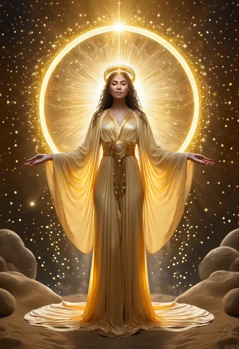 In a luminous digital paradise, a celestial being bathed in golden light gazes serenely at the viewer. This ethereal entity appears to be a goddess, with flowing robes and a halo of shimmering stars. The image is a digitally manipulated photograph, showcas...