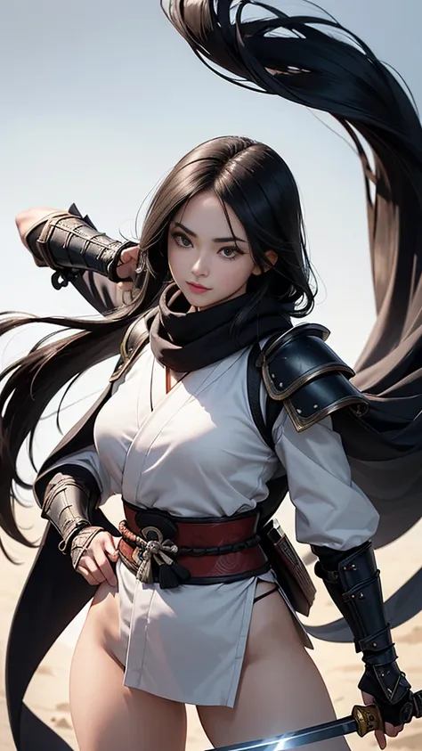 master piece,　best quality,　ultra detailed,　photorealistic,　voluptuous,　1 young girl,　fair skin,　pale skin,　long hair,　black hair,　smile,　mega breasts,　gorgeous bluck kimono,　cowboy shot,　looking up,　white background,　(Japanese SAMURAI Armor：1.2),　(Black a...