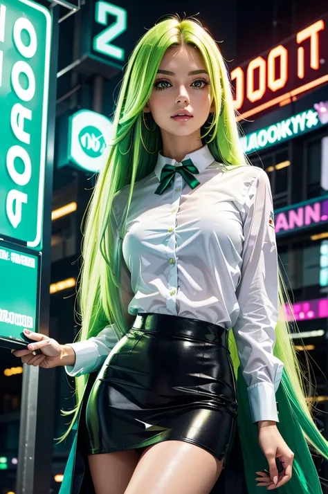 Gorgeous woman, holding a signage board called "1000", with green long hair, wearing a skirt and blouse, neon lights on the background, portrait close up view