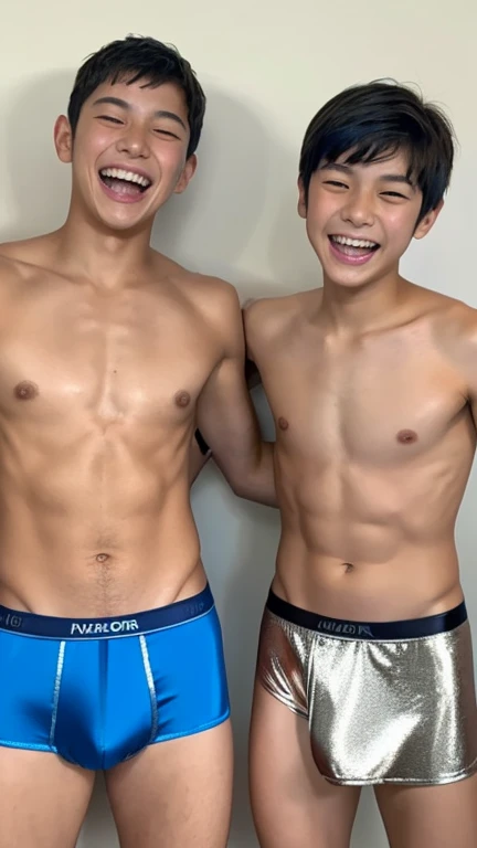 Japanese men、12 years old、Muscles and smooth skin、Swimmers、Short black hair、Relaxed and friendly smile、Metallic blue thin boxer briefs、The whole body is visible、Laughing with your mouth open、