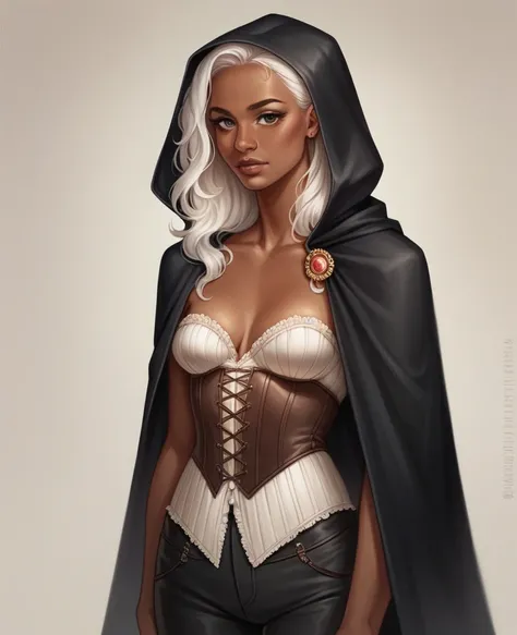 ((best quality)), ((masterpiece)), (detailed), 1girl, mixed race girl, African American + Caucasian girl with lighter skin, young woman, beautiful, skinny, white hair, modern western attire, dark cloak, wearing casual clothes underneath cloak, black pants,...