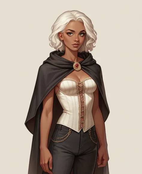 ((best quality)), ((masterpiece)), (detailed), 1girl, mixed race girl, African American + Caucasian girl with lighter skin, young woman, beautiful, skinny, white hair, modern western attire, dark cloak, wearing casual clothes underneath cloak, black pants,...