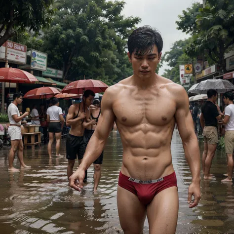 In the middle of the road in Thailand, during the rainy season, the rain falls and there are many men in the background. Everyone was wearing thin red underwear, wet with water, showing their muscles. like an underwear model Shirtless, lean figures aged 17...