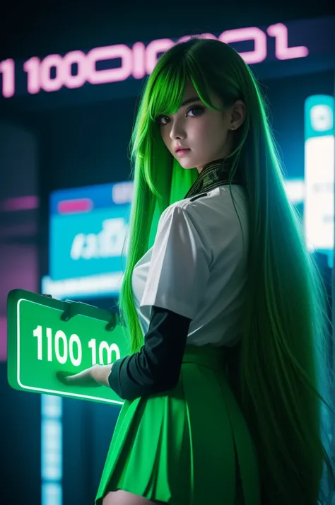 Gorgeous woman, holding a signage board called "1000", with green long hair, wearing a skirt and blouse, neon lights on the background, portrait close up view