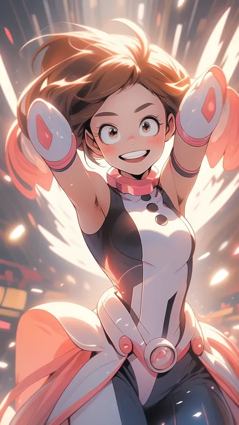 ((Masterpiece artwork, best qualityer)), uraraka ochako, beautfull woman, detailed outfit, high qualiy, showing armpits and pussy,detailed hands, beautiful  face, skin fair, female body, Proportionate Body, Body cute, colorful background, smiling.