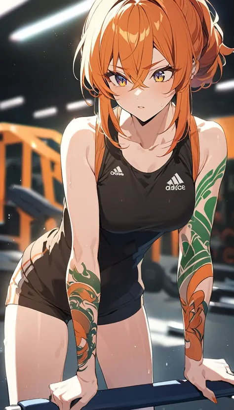 a fit woman with black and orange hair and red and green like orange eyes shining at the gym fanart anime with tattoos