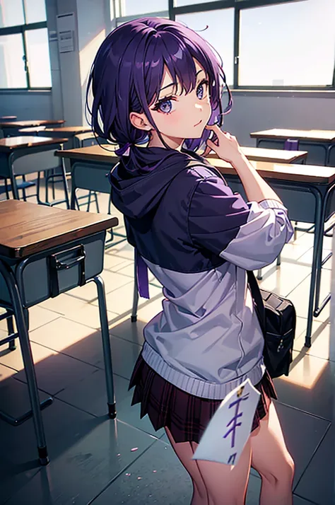 boy, calm, student, purple hair, classroom background, 8K, masterpiece, absurdres, high res, ultrasharp, back to viewer, male