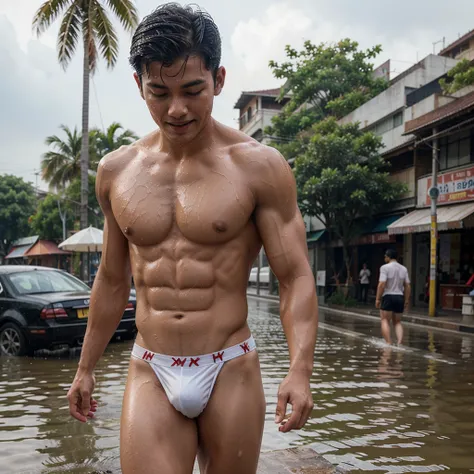 In the middle of a street in Thailand during the rainy season, there are many men falling from the sky in the background. Everyone was wearing thin red underwear, wet with water, showing their muscles. like an underwear model Shirtless, lean figures aged 1...