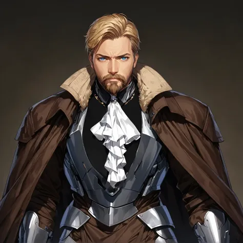 masterpiece, best quality, good quality, Highly detailed, shadowverse style, male, adult, facial hair, age 40s, blue eyes, blonde hair, short hair, modern aesthetic, overcoat, adult, bang one side hair, noble outfit, formal attire