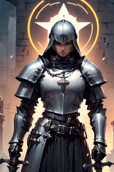 (masterpiece; best quality: 1.2), ((knight man)), ((solo)), (black eyes: 1.4), (body; toned, lean, masculine: 1.3), (beautiful and clear background: 1.2), ((depth of field)), (equipment: templar + surcoat + chainmail shirt + closed helmet + pauldrons + gau...