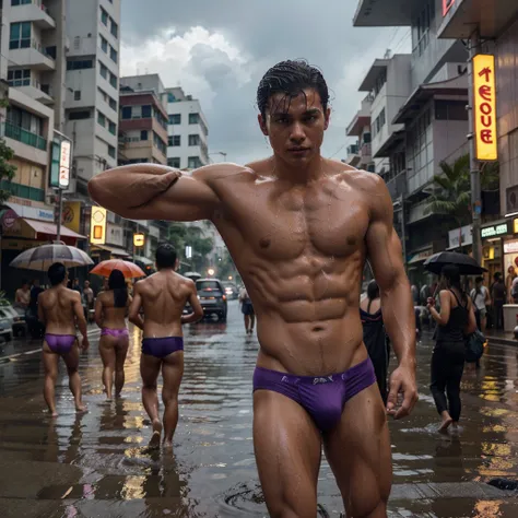 In the middle of a street in Thailand during the rainy season, there are many men falling from the sky in the background. Everyone was wearing purple underwear, thin fabric, wet with water, showing their muscles. like an underwear model Not wearing a shirt...