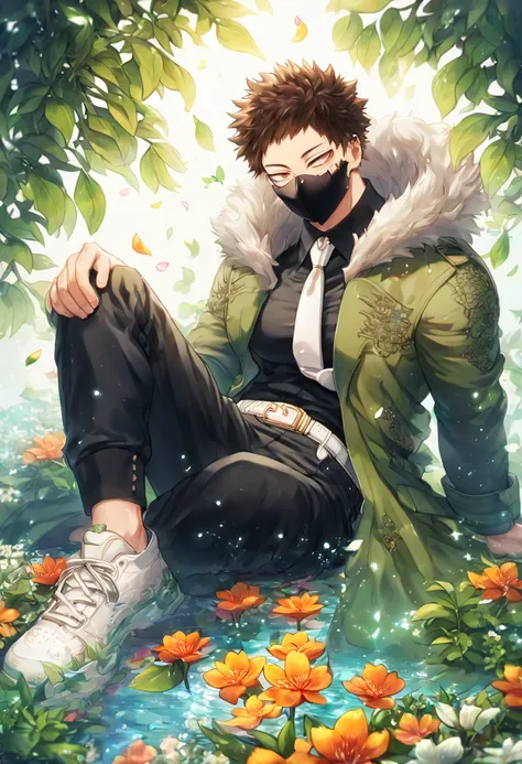 Ultra detailed, HDR, Highres, absurdres, master piece, Overhaul, dark brown hair, short hair,  
short bangs, expressivee brown eyes, green coat with fur, black shirt, white necktie, black pants, white belt, white shoes, Boku No Hero Academia, black mask, s...