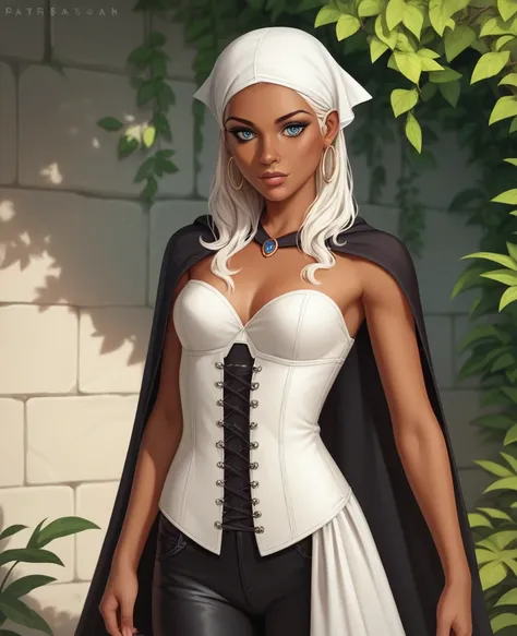 ((best quality)), ((masterpiece)), (detailed), 1girl, mixed race girl, African American + Caucasian girl with lighter skin, young woman, pretty, skinny, white hair, modern western attire, dark cloak, wearing casual clothes underneath cloak, black pants, 20...