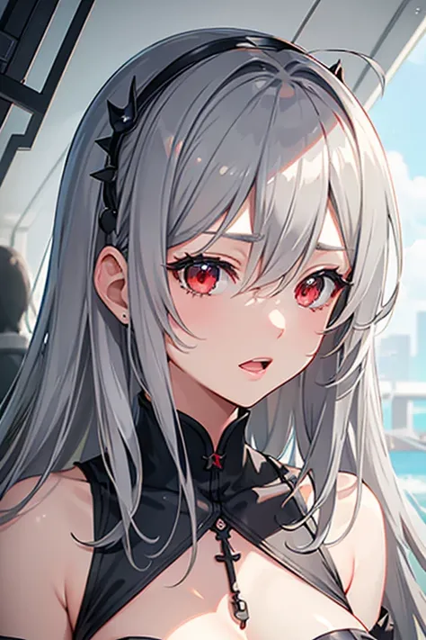 High resolution, detail, 高いdetail, Shortcuts, Gray Hair, Grey Hair, Silver Hair, Exposed breasts、Open your mouth, Red eyes, Multiview, accessories, Illustration, Anime Style, girl、Whole body、