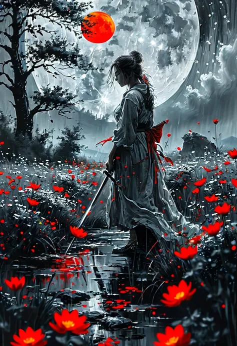 Black and white painting,Ink Painting,Young woman kneeling in a flowered meadow, warrior, night, Shining red moon, Torn Darkness, In a chaotic world, time is lost; Conditions of the Principle, Good values and habits no longer exist、No longer an honor. Sadl...