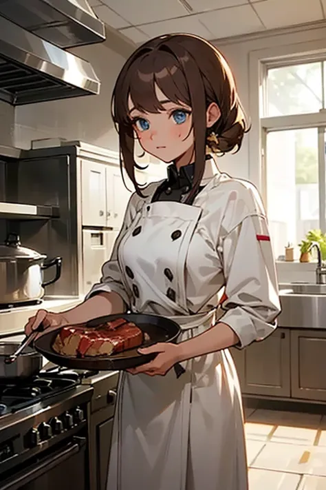 ((Best Quality)), ((masterpiece)), (detailed), 1 girl  , beautiful, blue eyes, Brown hair, chef ,  in a professional kitchen, serving a steak