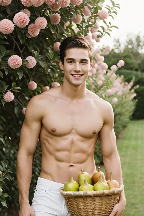 Young handsome cute white skinny beautiful face shirtless naked big penis in a pear garden with a basket