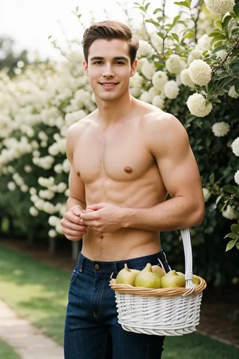 Young handsome cute white skinny beautiful face without shirt in a pear garden with a basket