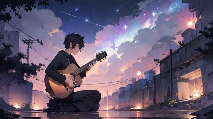 masterpiece,night,(dark alley),star、Night Sky、milky way、octone、
(1 Male), (solo), Knee hugging sitting，acousticguitar