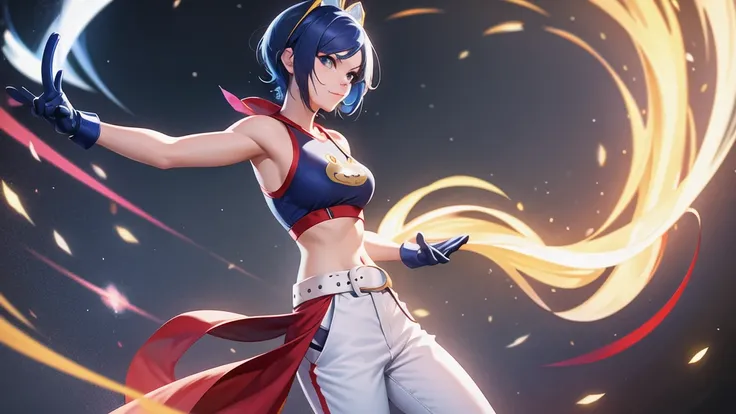 (at night), alone, in a video game scene a background of a beautiful city during the day raining, standing at attention, semi-short blue hair, blouse with an anime frog face, white flared pants, wears blue exercise gloves, has round goggles on her head, WE...