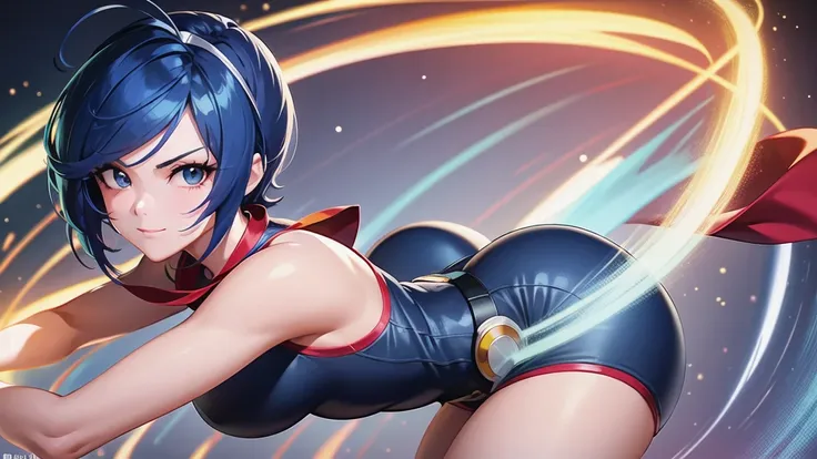 (at night), alone, in a video game scene a background of a beautiful city during the day raining, standing at attention, semi-short blue hair, blouse with an anime frog face, white flared pants, wears blue exercise gloves, has round goggles on her head, WE...