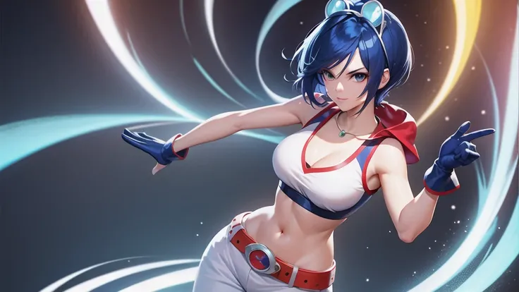 (at night), alone, in a video game scene a background of a beautiful city during the day raining, standing at attention, semi-short blue hair, blouse with an anime frog face, white flared pants, wears blue exercise gloves, has round goggles on her head, WE...