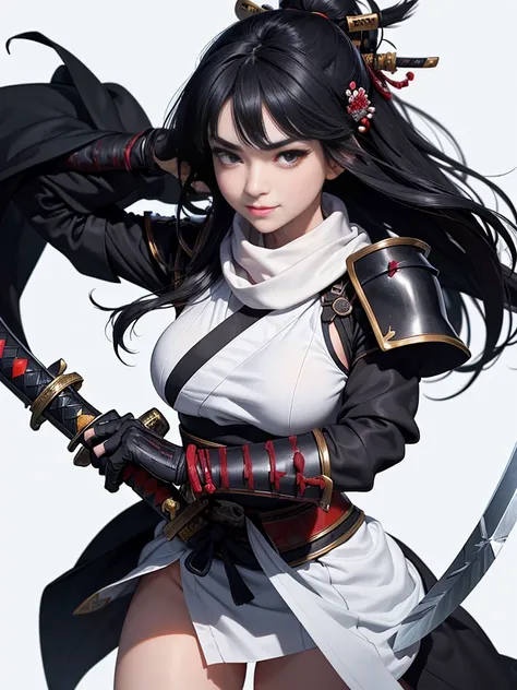 master piece,　best quality,　ultra detailed,　photorealistic,　voluptuous,　1 young girl,　fair skin,　pale skin,　long hair,　black hair,　smile,　mega breasts,　gorgeous bluck kimono,　cowboy shot,　looking up,　white background,　(Japanese SAMURAI Armor：1.4),　(Black a...