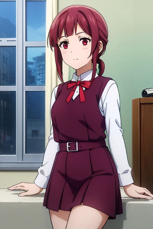 Burgundy hair tied to the side,side-swept bangs, red eyes, sky blue sailor uniform dress