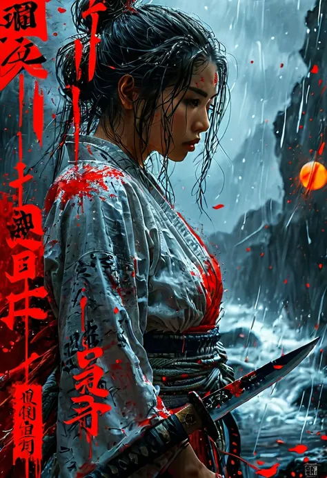 Black and white painting,Ink Painting,Young Woman, warrior, knife,日本knife,Spiegel stops water,night, Shining red moon, Torn Darkness, In a chaotic world, time is lost; Conditions of the Principle, Good values and habits no longer exist、No longer an honor. ...