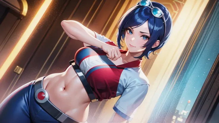 (at night), alone, in a video game scene a background of a beautiful city during the day raining, standing at attention, semi-short blue hair, blouse with an anime frog face, white flared pants, wears blue exercise gloves, has round goggles on her head, WE...