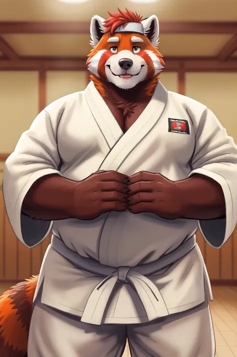 highest res, red panda, anthro, 4 fingers, most realistic detailed accurate blurred background, middle aged mature male in early 50s, musclegut, musclegut anthro, musclegut male, tail, standing in most realistic detailed 1990s karate dojo, solo, by dramami...