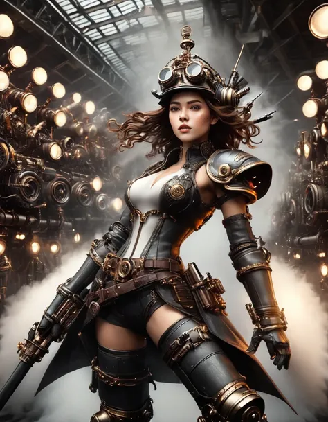 steampunk 飛行機の整備工場, standing in a factory packed with cutting-edge technology、a very sophisticated beautiful female cyborg fight...