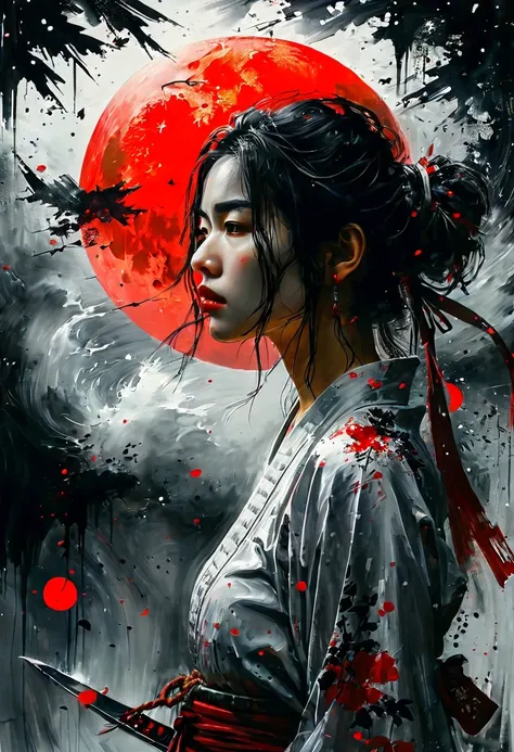 Black and white painting,Ink Painting,Young Woman, warrior, knife,日本knife,Spiegel stops water,night, Shining red moon, Torn Darkness, In a chaotic world, time is lost; Conditions of the Principle, Good values and habits no longer exist、No longer an honor. ...