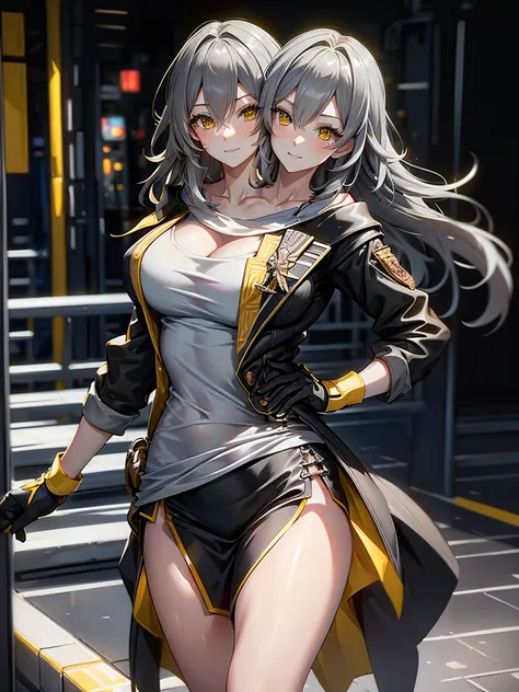 masterpiece,best quality,best resolusion,1girl,2 heads,detailed,conjoined,stelle hsr character,long gray hair,yellow eyes,smile,...