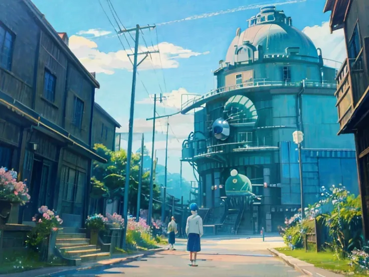 dvd screengrab from studio ghibli movie, (beautiful aquatic observatory:1.4), clouds on blue sky, designed by hayao miyazaki, re...