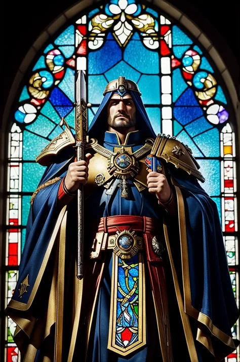 Stained glass window of the Emperor of Mankind from warhammer40k, beautiful realistic 3d 