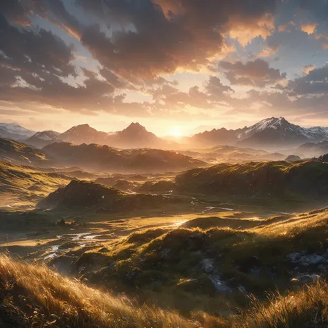 Scenery of grasslands, mountains, countryside ,dark fantasy,dynamic lighting,Ultra realistic, hyper realistic, detailed lighting, UHD, Masterpiece, highest quality, high resolution, detail maniac, high definition, high quality,anime