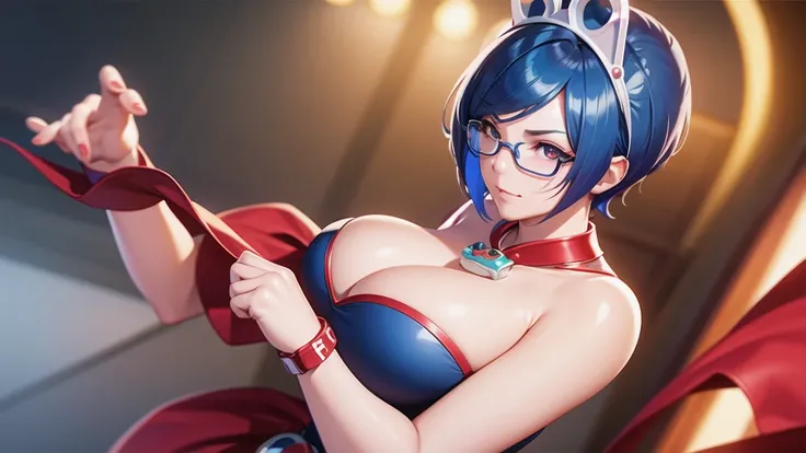 (at night), alone, in a video game scene a background of a beautiful city during the day raining, standing at attention, semi-short blue hair, anime frog face blouse, white flared pants, wears blue exercise gloves, has round glasses on her head, WEARS a RE...