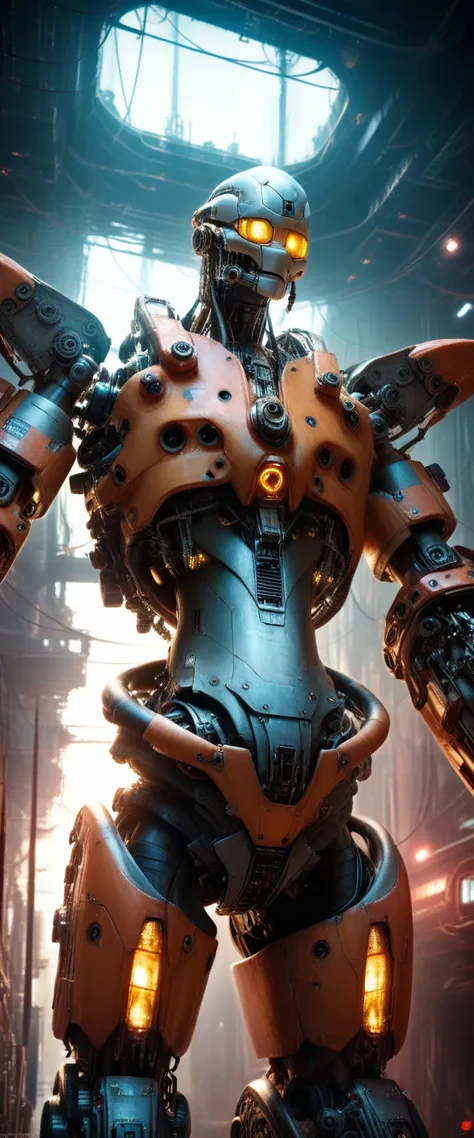 a large mechanical creature, low angle shot:1.7, terminal cables, lights, intricate details, gears, futuristic, cinematic lighting, metallic, industrial, sci-fi, (best quality,4k,8k,highres,masterpiece:1.2),ultra-detailed,(realistic,photorealistic,photo-re...