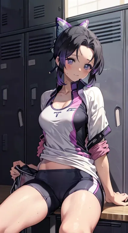 nsfw, kochou shinobu, Change of clothes, (((Sitting on a bench))), ((Leaning against the locker, Spread your legs loosely)), (((Cycling Shorts, Cycling shirts))), ((((((locker room)))))) , whole body, boost mood, Ultra-realistic 8K CG，masterpiece,, （（Highl...