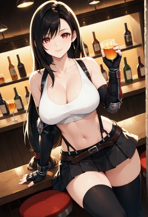 (score_9, score_8_up, score_7_up), BREAK  (masterpeace),(best quality),(aesthetic,very aesthetic),(highly detailed),(mid).1girl, tifa lockhart, final fantasy,(beautiful). black hair, low-tied long hair, red eyes, bangs, white tank top,gap, belt, pleated sk...