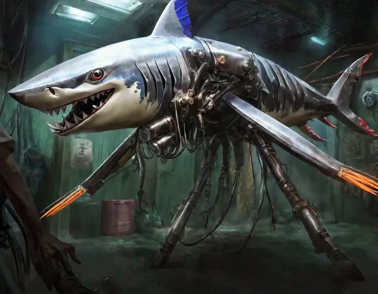 A cybernetic shark with many mechanical insect legs terrorizes Bangkok