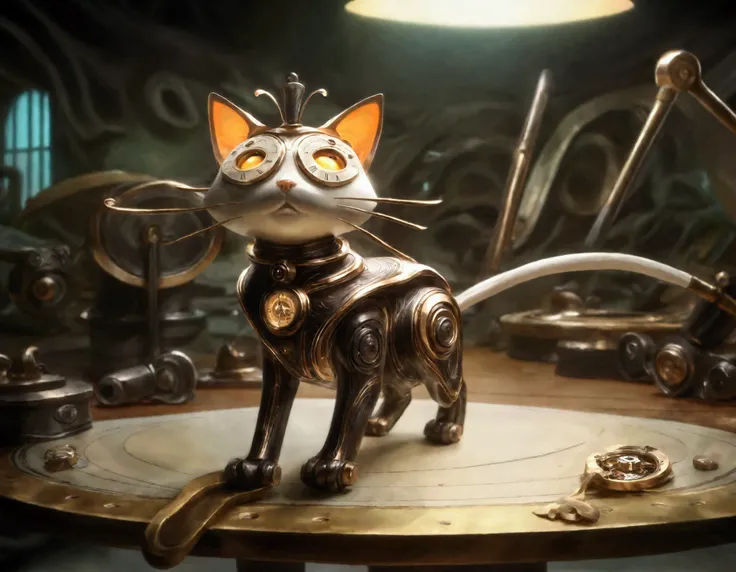 a clockwork cat poses on a table, in a workshop