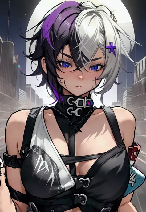 streaked_hair,multicolored_hair,purple hair,black hair,cross-laced_clothes,hairpin,star(symbol),cross-laced_corset,short hair, GtsGiga, giantess art,Rampage, bare shoulder,croptop, leopard print legging,gaudy,neon sun visor,large bosom, full body